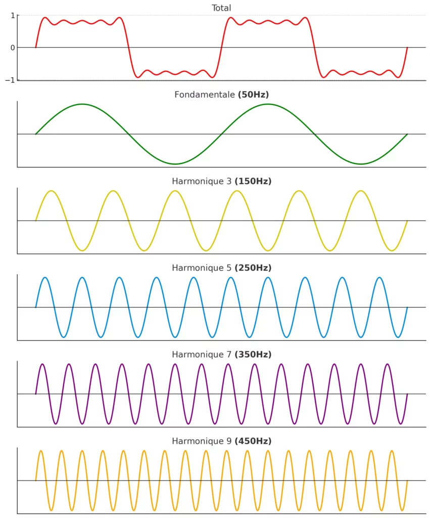 Graphique illustrant les harmoniques décomposées (3e, 5e, 7e, 9e) et leur impact sur la distorsion totale (couleur)