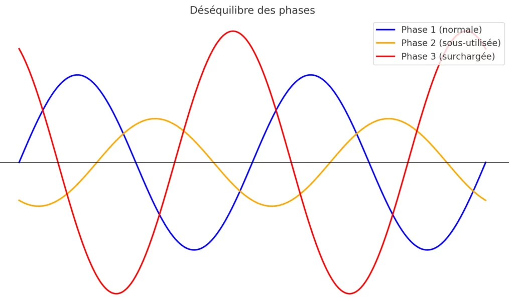 Graphique montrant un déséquilibre des phases dans un réseau triphasé avec des charges inégales