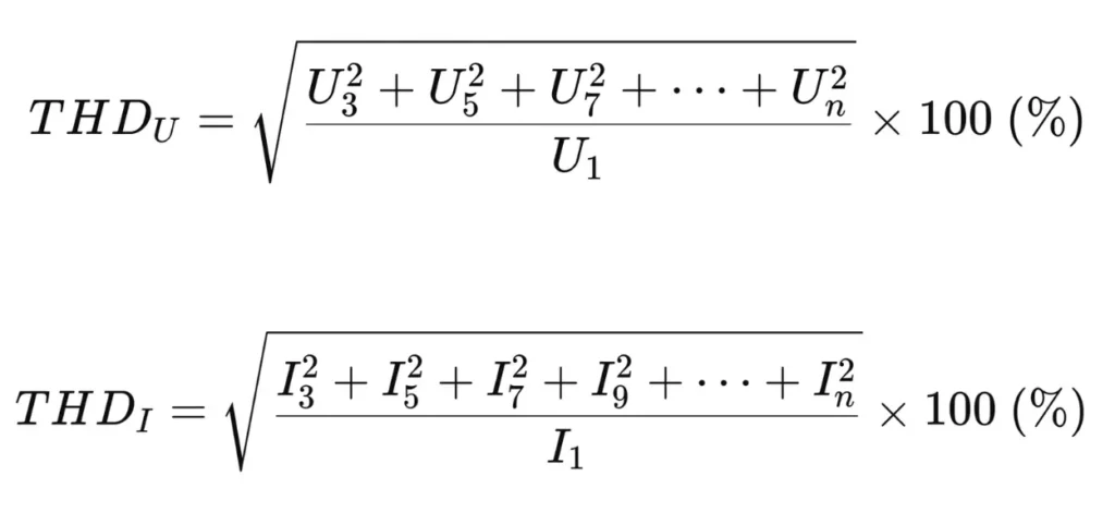 Illustration des formules THD(I) et THD(U) pour quantifier la distorsion harmonique en courant et en tension