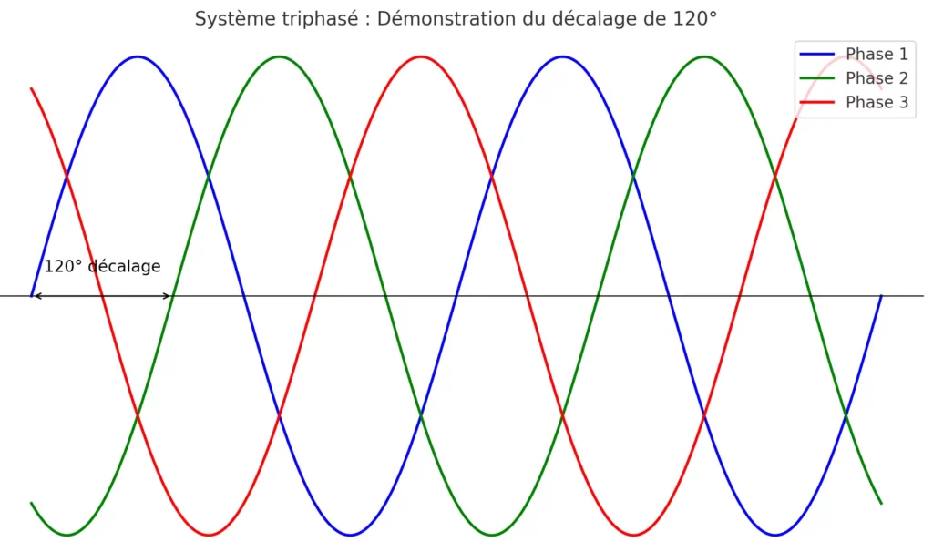 Graphique illustrant l’équilibrage parfait des trois phases dans un réseau triphasé, décalées de 120°