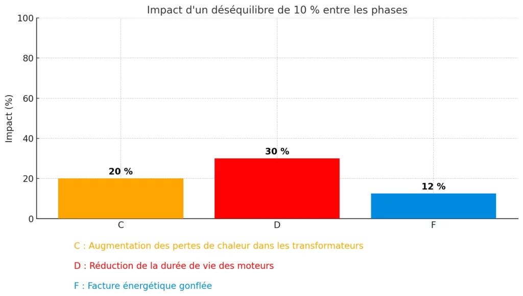 Graphique montrant les effets d’un déséquilibre de phases dans une usine industrielle : pertes de chaleur, durée de vie des moteurs, et augmentation des coûts énergétiques