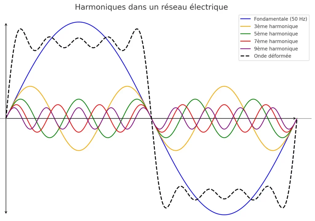 Graphique représentant les harmoniques dans un réseau électrique, illustrant la distorsion totale